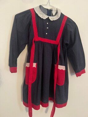 GIRLS NAVY/WHITE PRINT DRESS WITH RED TRIM SIZE 6X